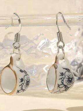White and Blue Porcelain Teacup Drop Earrings with Gold Trim